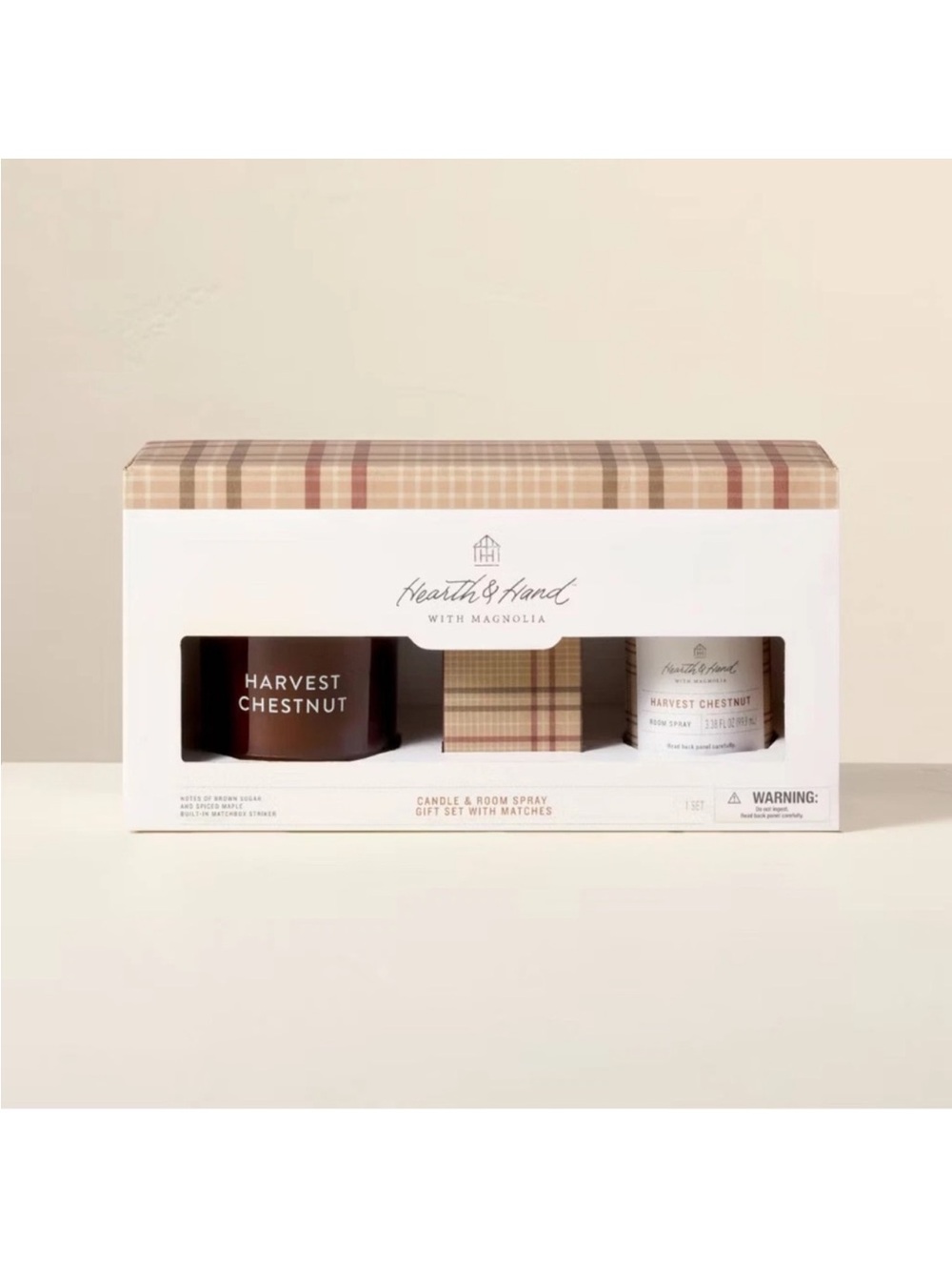 Hearth & Hand 3pc Harvest Chestnut Gift Set w/ 7oz Jar Candle Room Spray Matches